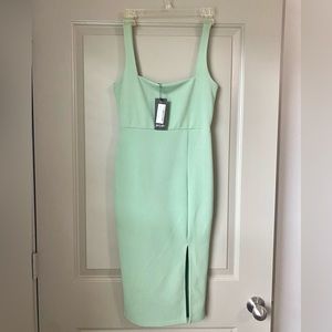 NWT! Nasty Gal Square Neck Bodycon Slit/Split Hem Midi Dress in Moss/Sage Green